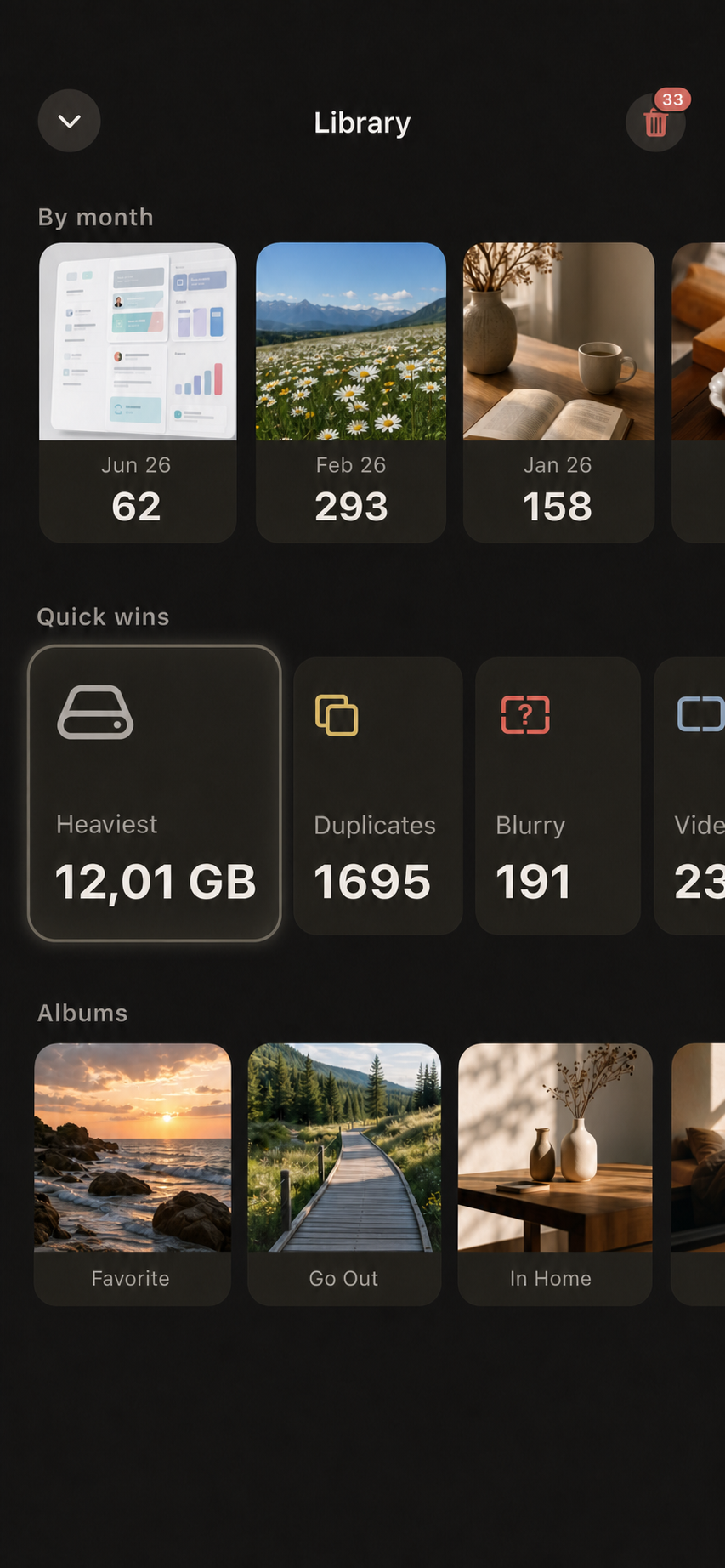 Swoof Library showing months, Quick Wins, and Apple Photos albums