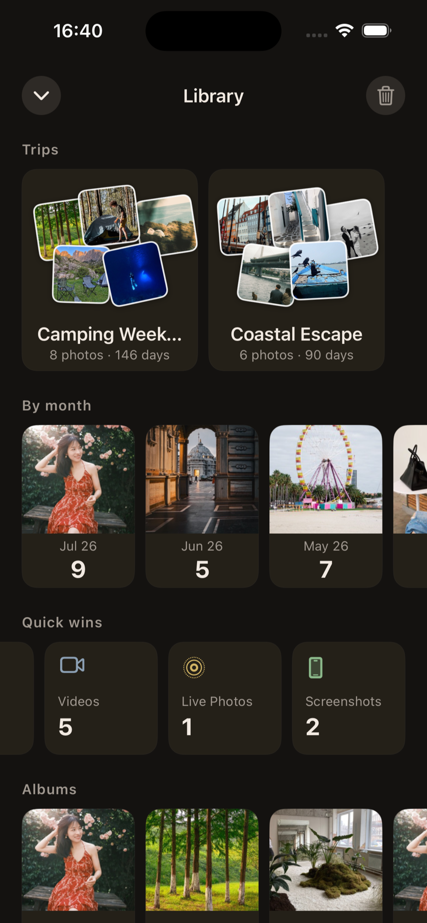 Swoof Library with Videos, Live Photos, and Screenshots Quick Win cards; Screenshots shows two items