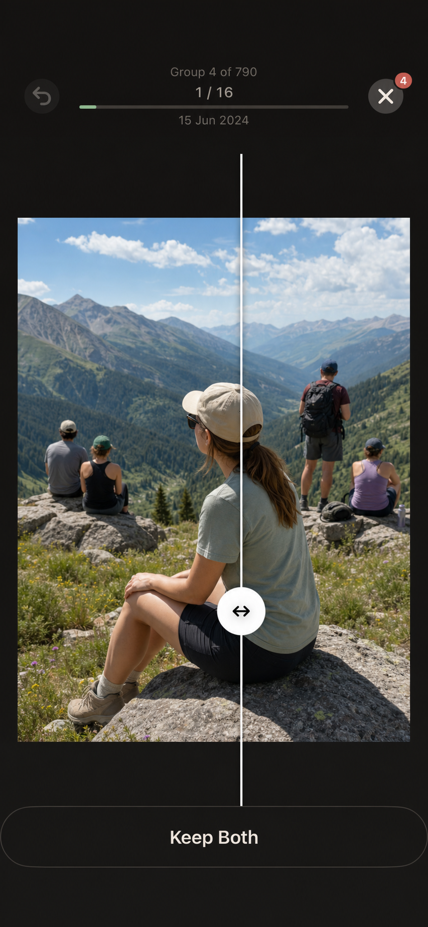 Swoof comparison slider revealing two visually similar mountain photos side by side